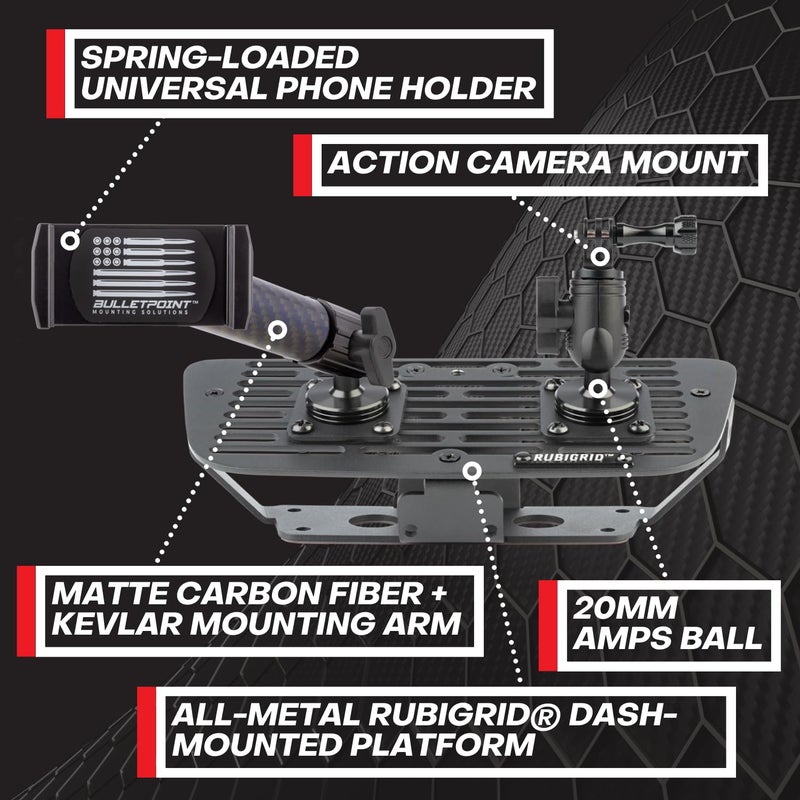 رصاصة حامل الهاتف الخلوي Bulletpoint Dash متوافق مع 2011-2018 Jeep Wrangler JK JKU 20 مم حامل كروي (RubiGrid متعدد الأجهزة) - Image 3